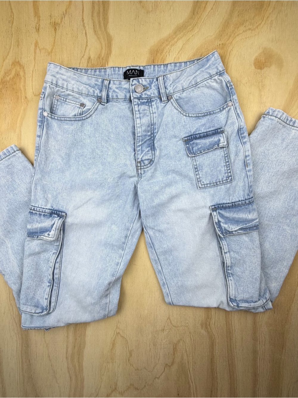 BoohooMAN Cargo Jeans Men's Size 30 Light Wash Denim Utility Pants